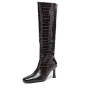 Women’s Square-Toe Stiletto Heel Slip-On Knee-High Boots with Stone Texture Y2742 Boots Y2742 Brown Leather lining US5/EU34