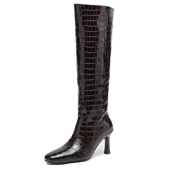 Women’s Square-Toe Stiletto Heel Slip-On Knee-High Boots with Stone Texture Y2742 Boots Y2742 Brown Leather lining US5/EU34