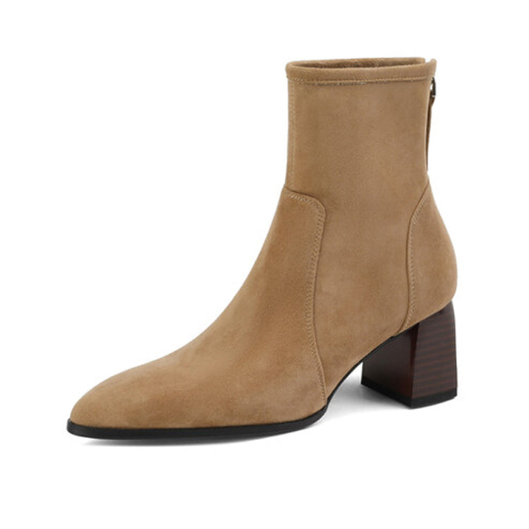 Ladies Pointed Toe Suede Block Heel Ankle Boots Ankle Boots Y2330 Apricot US5/EU34