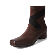 Isyou ibeauty Cross-strap Genuine Leather Chunky Heel Ankle Boots Y2569 Boots Y2569 Brown US5/EU34