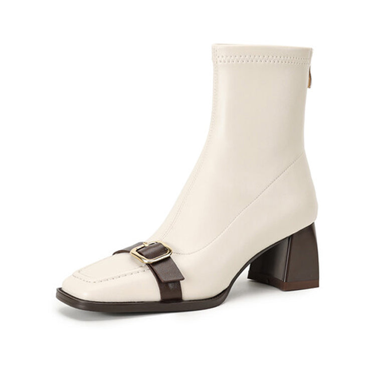 Isyou ibeauty Square Toe Buckle Strap Chunky Heel Ankle Boots Y2552 Ankle Boots Y2552 Beige US5/EU34 Leather lining
