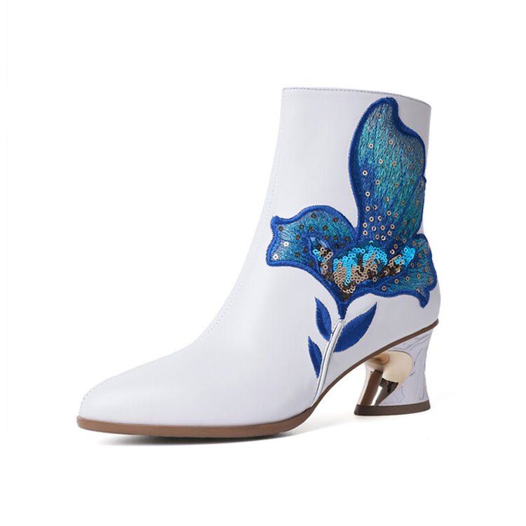Ladies Flower embroidery Ankle Boots Short Boots Novelty Heel Y2694 Boots Y2694 White US5.5/EU35