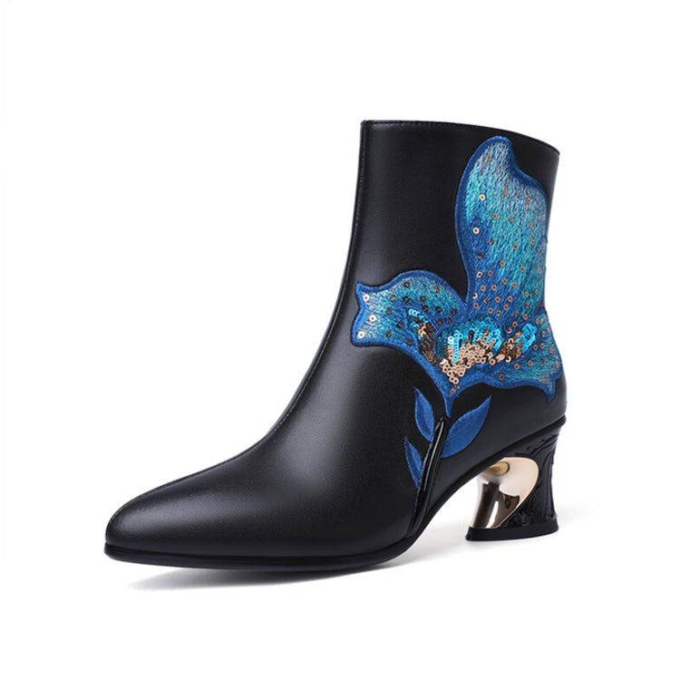 Ladies Flower embroidery Ankle Boots Short Boots Novelty Heel Y2693 Boots Y2693 Black US5.5/EU35