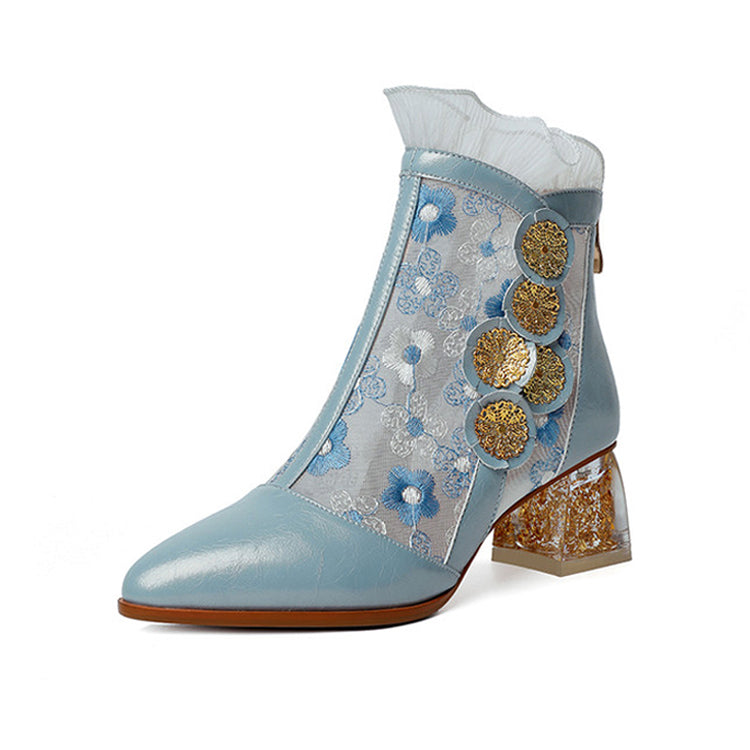 Ladies Pointed Toe Ruffle Ankle Boots Novelty Heel Y2692 Boots Y2692 LightBlue US5/EU34