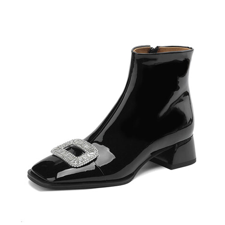 Isyou ibeauty Square Toe Oversized Embellished Buckle Detail Block Low Heel Short Boots Ankle Boots Y2602 Boots Y2602 Black US5/EU34 Leather lining