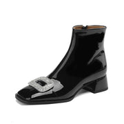 Isyou ibeauty Square Toe Oversized Embellished Buckle Detail Block Low Heel Short Boots Ankle Boots Y2602 Boots Y2602 Black US5/EU34 Leather lining