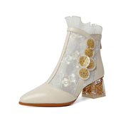 Ladies Pointed Toe Ruffle Ankle Boots Novelty Heel Y2692 Boots Y2692 Beige US5/EU34