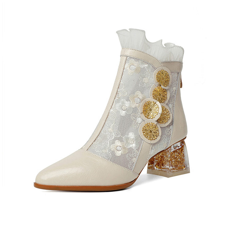 Ladies Pointed Toe Ruffle Ankle Boots Novelty Heel Y2692 Boots Y2692 Beige US5/EU34