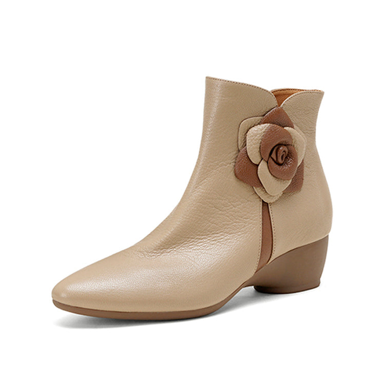 Women's Top-grain Sheepskin Low Heel Floral Ankle Boots Y2734 Boots Y2734 Apricot US5/EU34 Leather lining