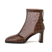 Ladies Square Toe Mesh Ankle Boots with Block Heel Boots Y2315 Brown US5/EU34