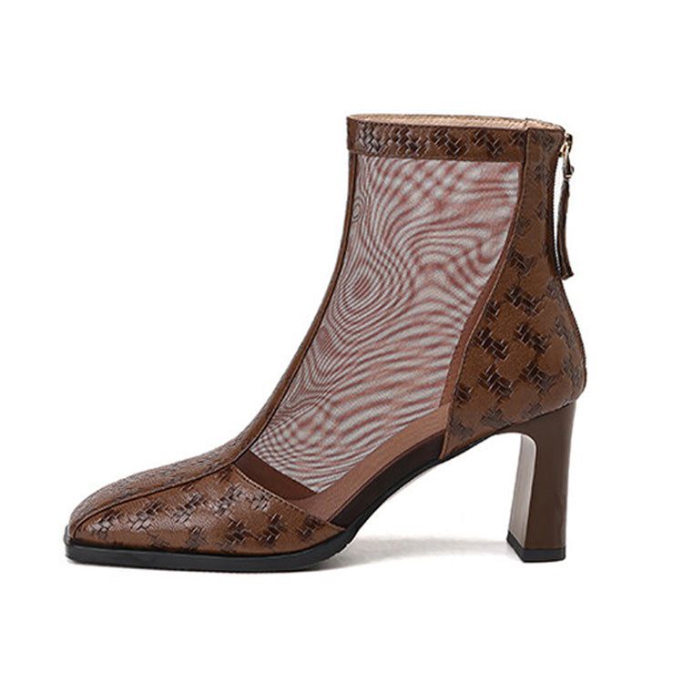 Ladies Square Toe Mesh Ankle Boots with Block Heel Boots Y2315 Brown US5/EU34