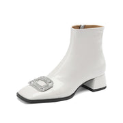 Isyou ibeauty Square Toe Oversized Embellished Buckle Detail Block Low Heel Short Boots Ankle Boots Y2602 Boots Y2602 Beige US5/EU34 Leather lining