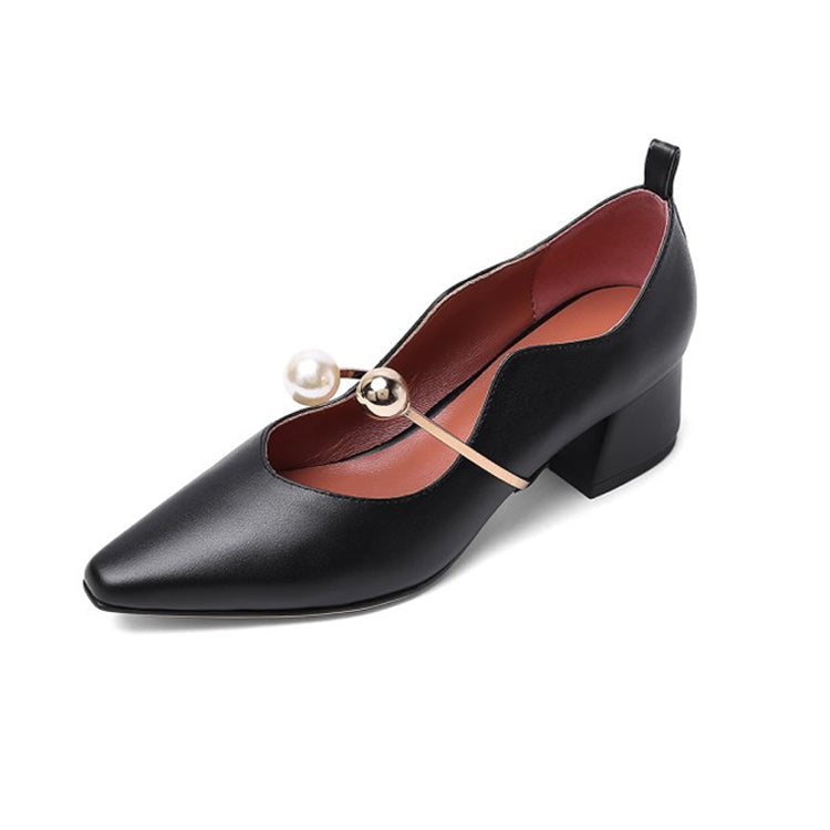 Ladies Pointy Toe Genuine Leather Block Low Heel Pumps