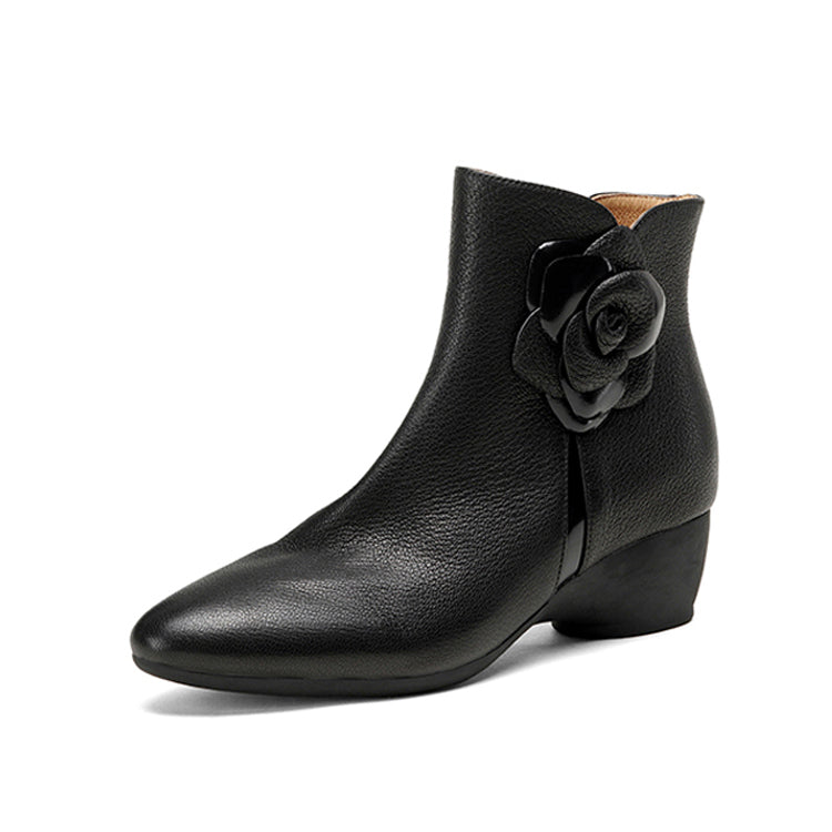 Women's Top-grain Sheepskin Low Heel Floral Ankle Boots Y2734 Boots Y2734 Black US5/EU34 Leather lining