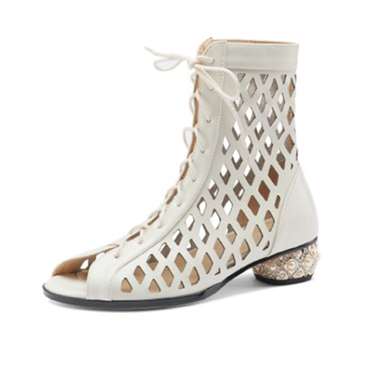 Ladies Peep Toe Lace-up Ankle Boots Boots Y2130 Beige US5/EU34