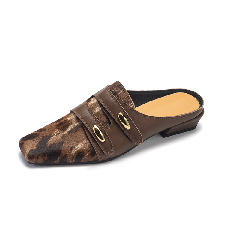 Double Strap Horsehair Leather Mules Y2826