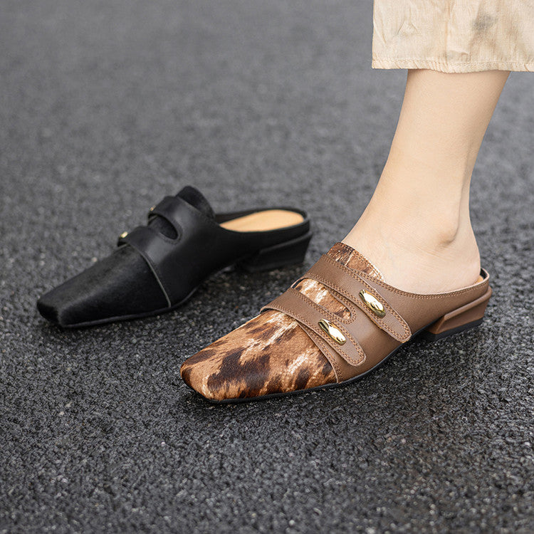 Double Strap Horsehair Leather Mules Y2826