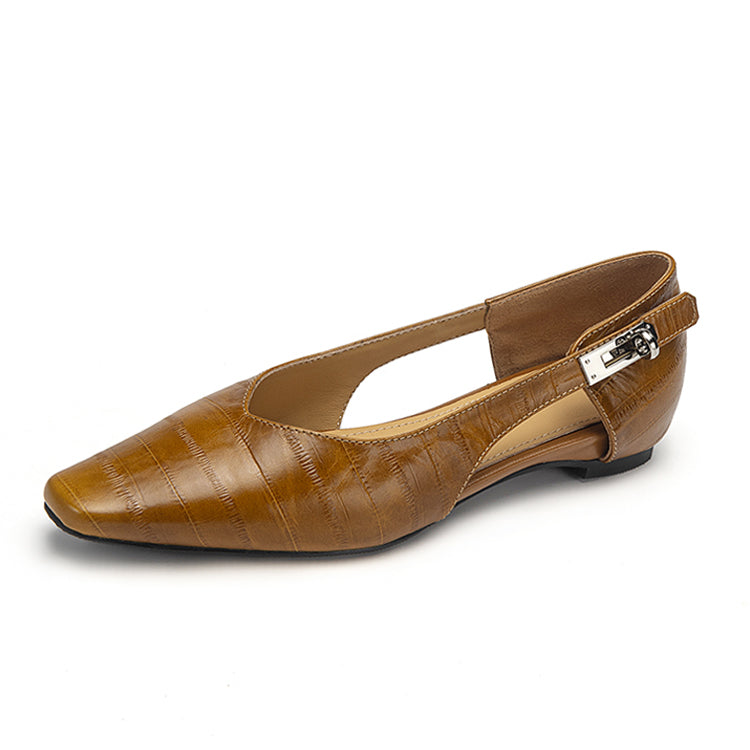 Almond-Toe  Leather Flats with Side Buckle Y2824
