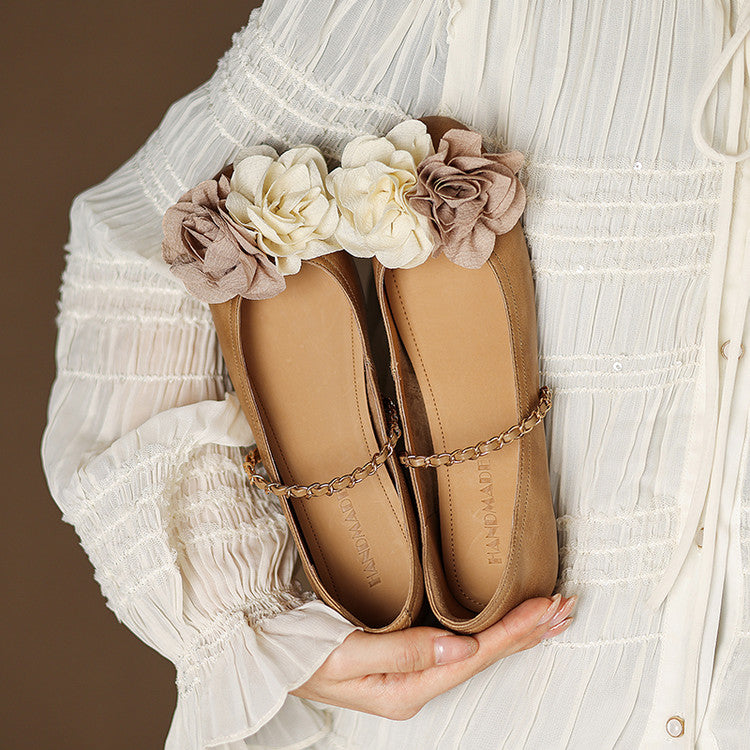 Romantic Floral Leather Ballet Mary Jane Flats Y2844