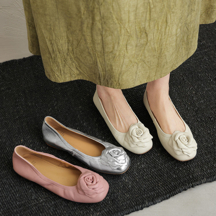 Floral Sheepskin Ballet Flats with Handcrafted Rose Detail Y2831