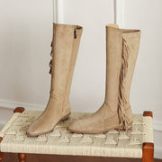 Suede Knee-High Fringe Boots – Round Toe Long Boots with Stretch Shaft Y2756 Boots Y2756