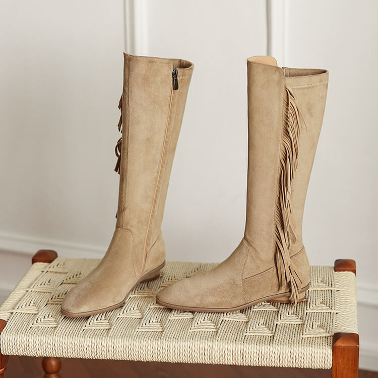 Suede Knee-High Fringe Boots – Round Toe Long Boots with Stretch Shaft Y2756 Boots Y2756