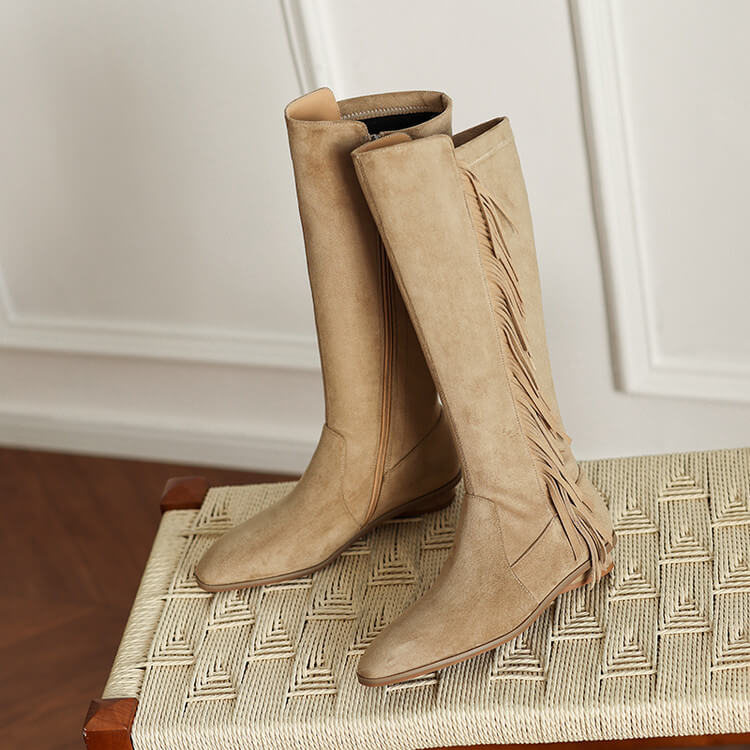 Suede Knee-High Fringe Boots – Round Toe Long Boots with Stretch Shaft Y2756 Boots Y2756