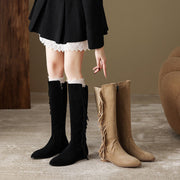 Suede Knee-High Fringe Boots – Round Toe Long Boots with Stretch Shaft Y2756 Boots Y2756