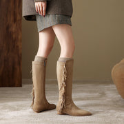 Suede Knee-High Fringe Boots – Round Toe Long Boots with Stretch Shaft Y2756 Boots Y2756