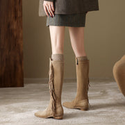 Suede Knee-High Fringe Boots – Round Toe Long Boots with Stretch Shaft Y2756 Boots Y2756