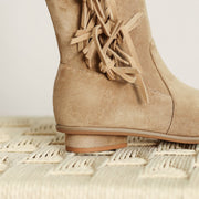 Suede Knee-High Fringe Boots – Round Toe Long Boots with Stretch Shaft Y2756 Boots Y2756