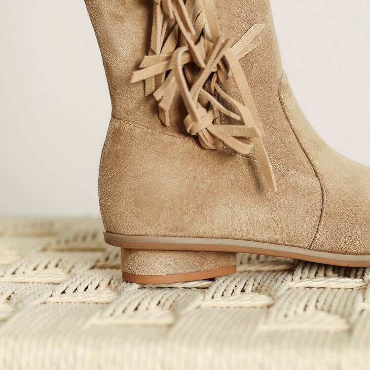 Suede Knee-High Fringe Boots – Round Toe Long Boots with Stretch Shaft Y2756 Boots Y2756
