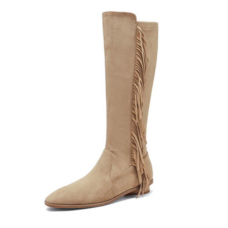 Suede Knee-High Fringe Boots – Round Toe Long Boots with Stretch Shaft Y2756 Boots Y2756 Camel Leather lining US5/EU34