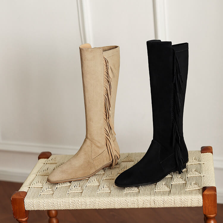 Suede Knee-High Fringe Boots – Round Toe Long Boots with Stretch Shaft Y2756 Boots Y2756
