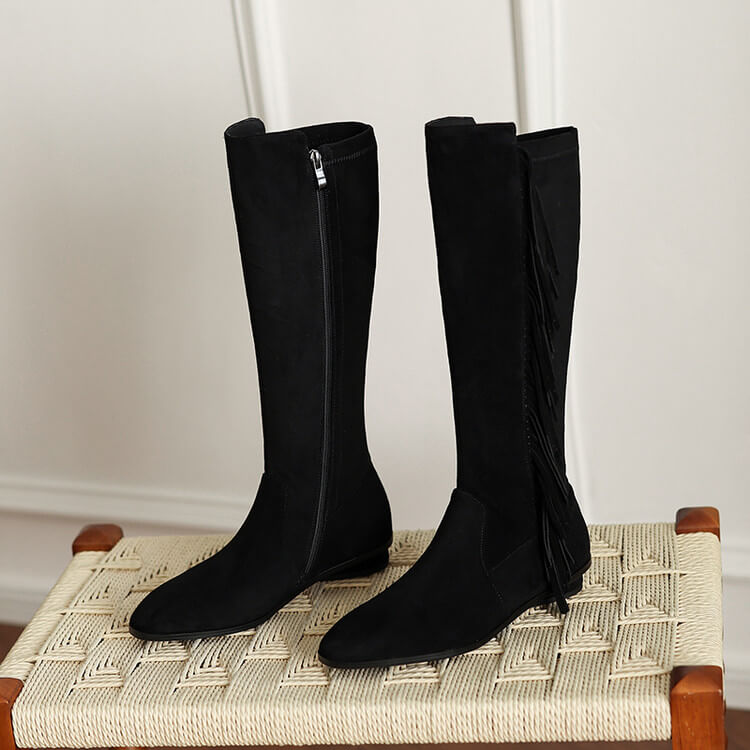 Suede Knee-High Fringe Boots – Round Toe Long Boots with Stretch Shaft Y2756 Boots Y2756