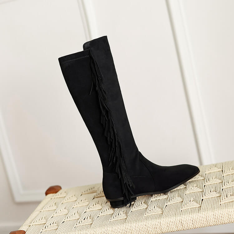 Suede Knee-High Fringe Boots – Round Toe Long Boots with Stretch Shaft Y2756 Boots Y2756