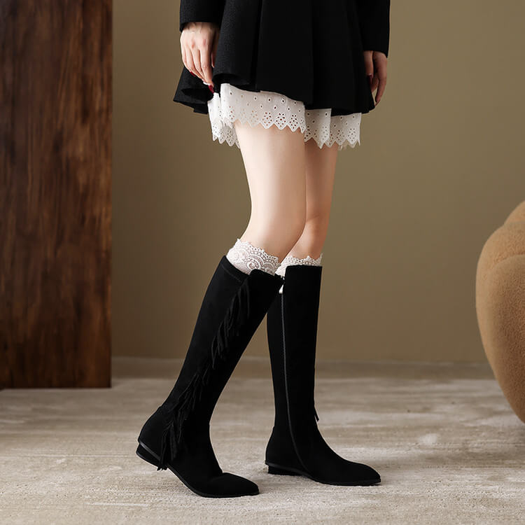 Suede Knee-High Fringe Boots – Round Toe Long Boots with Stretch Shaft Y2756 Boots Y2756