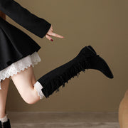 Suede Knee-High Fringe Boots – Round Toe Long Boots with Stretch Shaft Y2756 Boots Y2756