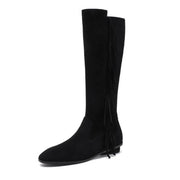 Suede Knee-High Fringe Boots – Round Toe Long Boots with Stretch Shaft Y2756 Boots Y2756 Black Leather lining US5/EU34