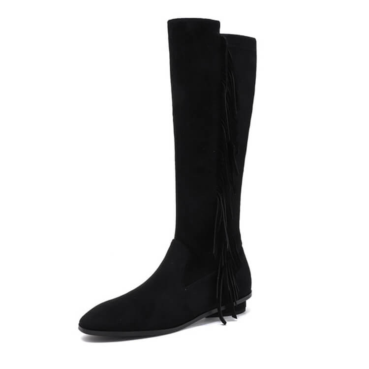 Suede Knee-High Fringe Boots – Round Toe Long Boots with Stretch Shaft Y2756 Boots Y2756 Black Leather lining US5/EU34