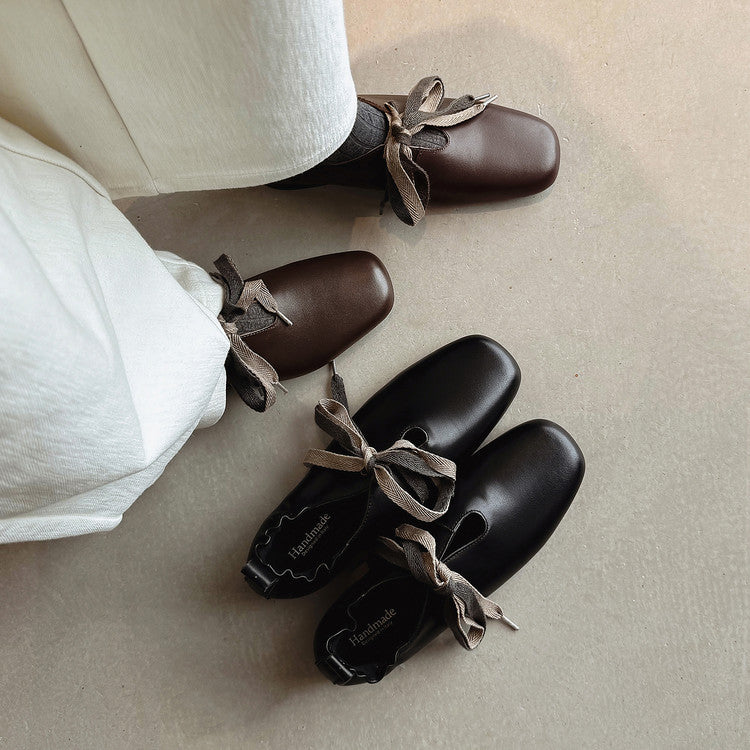 Gathered Leather Flats with  Laces Y2878