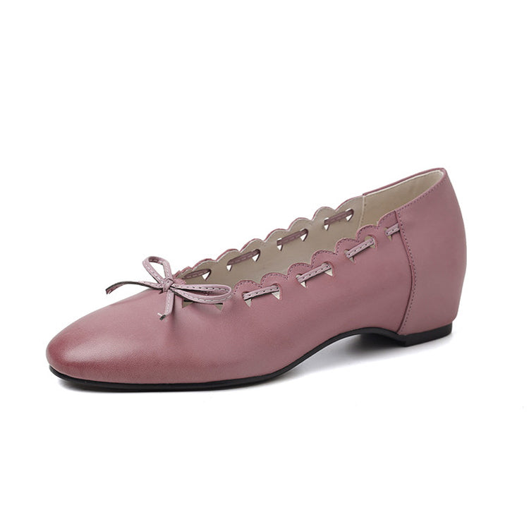 Vintage-Inspired Washed Leather Ballet Flats with Bow Detai Y2870