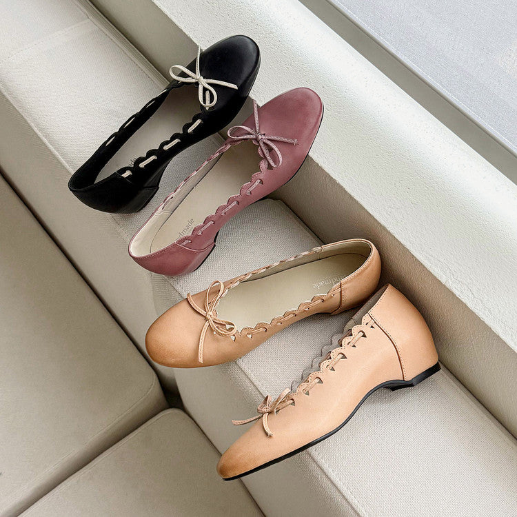 Vintage-Inspired Washed Leather Ballet Flats with Bow Detai Y2870