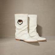 Pointed Toe Cowhide Mid-Calf Boots with Metallic Cut-Out Design Y2758 Boots Y2758