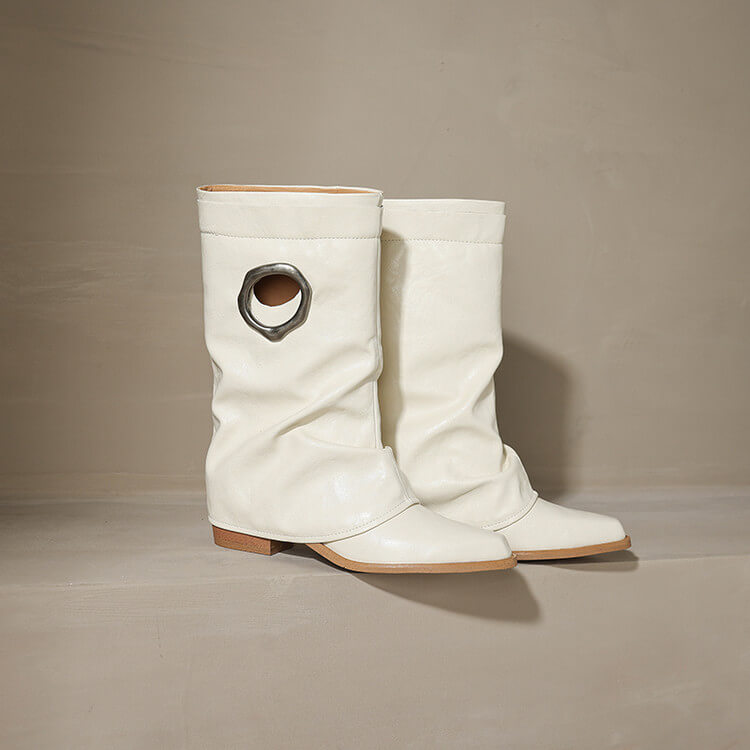 Pointed Toe Cowhide Mid-Calf Boots with Metallic Cut-Out Design Y2758 Boots Y2758