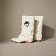 Pointed Toe Cowhide Mid-Calf Boots with Metallic Cut-Out Design Y2758 Boots Y2758