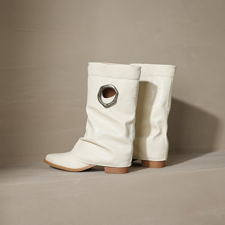 Pointed Toe Cowhide Mid-Calf Boots with Metallic Cut-Out Design Y2758 Boots Y2758