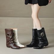 Pointed Toe Cowhide Mid-Calf Boots with Metallic Cut-Out Design Y2758 Boots Y2758