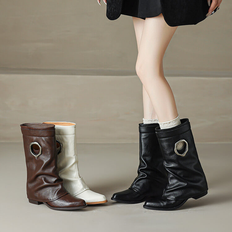 Pointed Toe Cowhide Mid-Calf Boots with Metallic Cut-Out Design Y2758 Boots Y2758