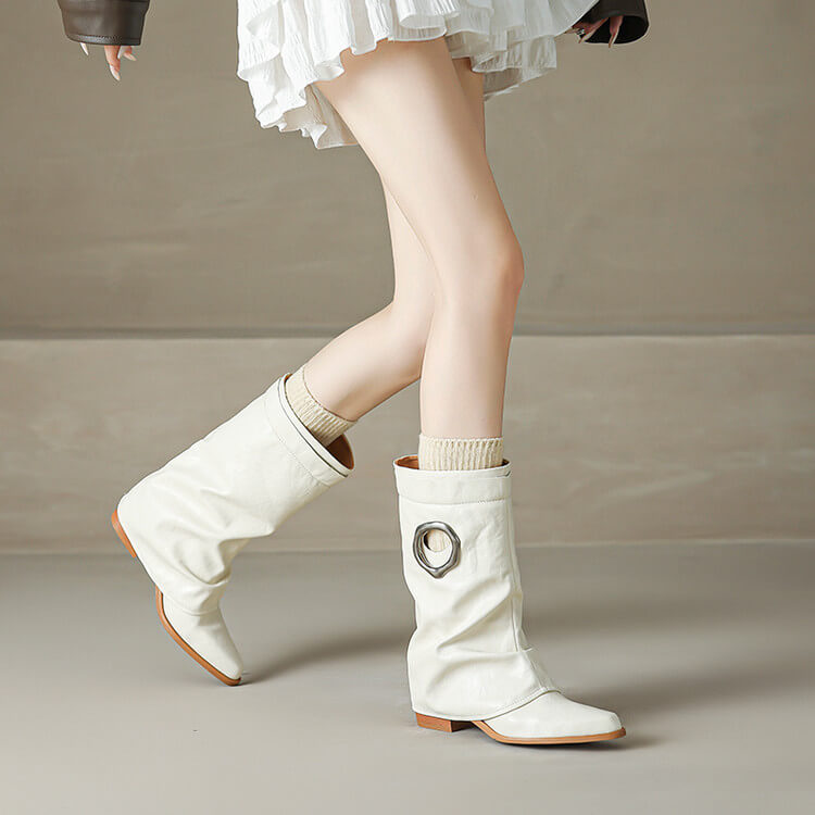 Pointed Toe Cowhide Mid-Calf Boots with Metallic Cut-Out Design Y2758 Boots Y2758
